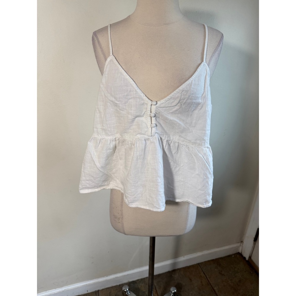 White cotton V-Neck Button Front Peplum Camisole Crop Top Adjustable Straps